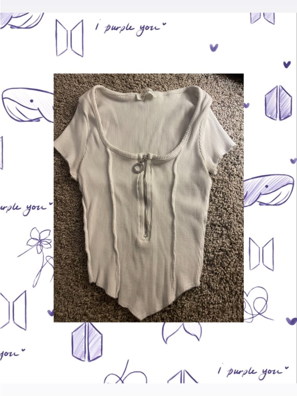 Women’s Cream Ribbed Zip-Front Short Sleeve Top